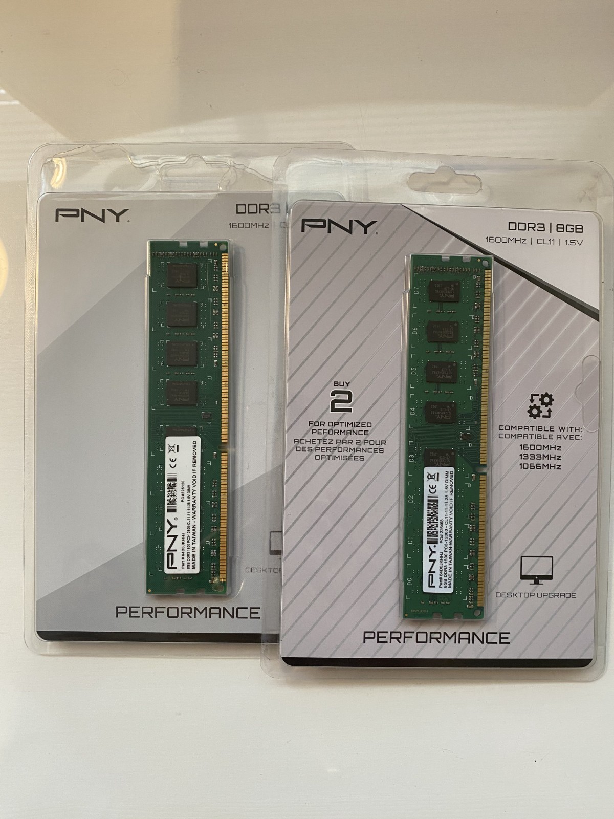 2pk PNY 8GB 1600 MHz DDR3  Desktop Memory Single Channel