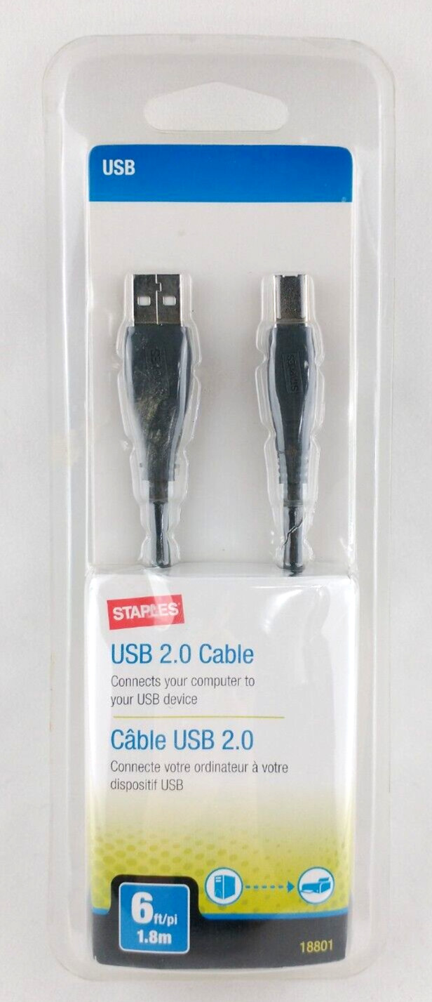 Staples 18801 USB 2.0 Cable 6ft 480Mbps Brand New Sealed Package