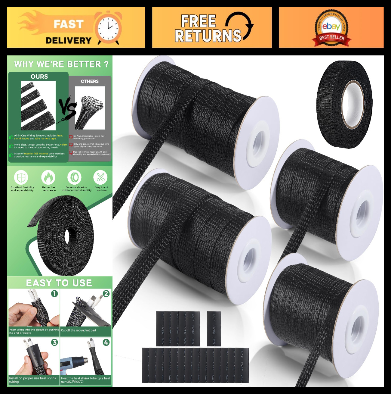 132ft Expandable Braided Cable Sleeve - PET Wire Loom, Mesh Sheathing Wrap for A