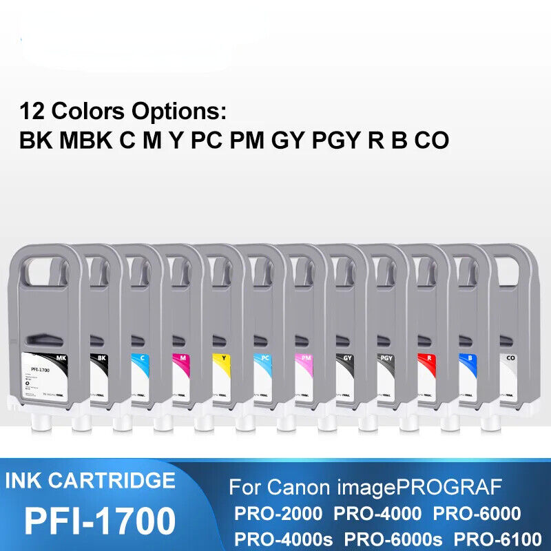 12PC PFI-1700 700ML Compatible Ink For Canon PRO-2000 PRO-4000 PRO-6000 PRO-6100