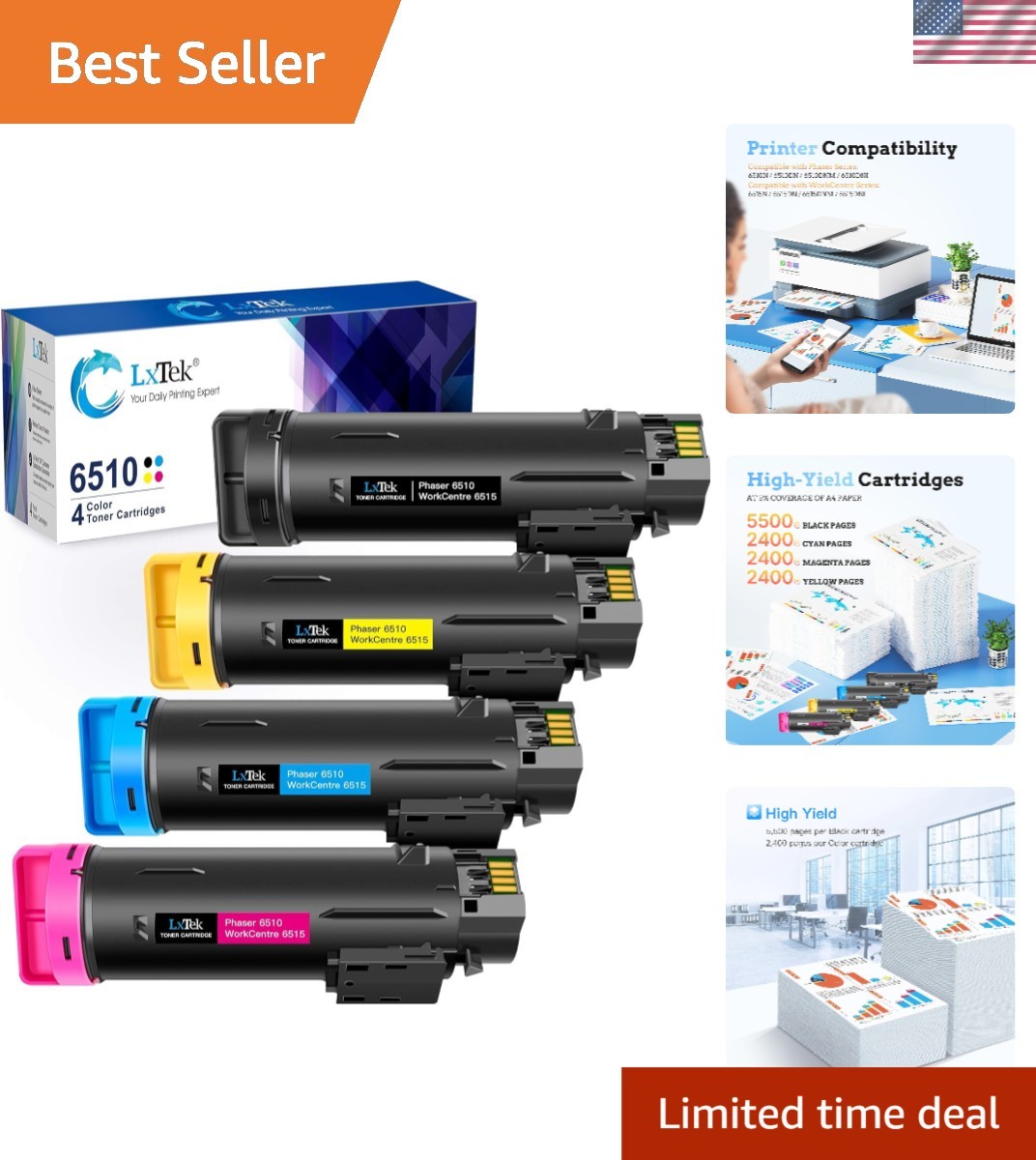 Reliable 4 Pack Toner Cartridge Set for Xerox Phaser 6510 & WorkCentre 6515