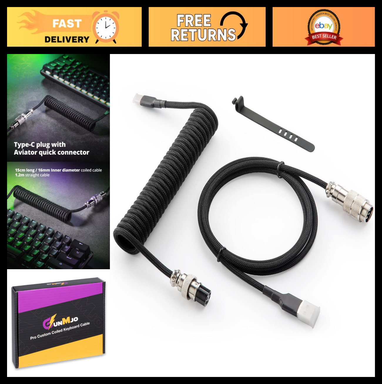 Custom Coiled USB C Cable for Gaming Keyboard, 1.5M Detachable Aviator, Black