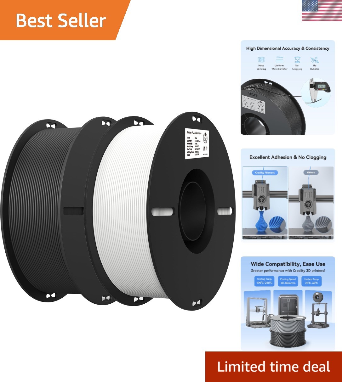 Eco-Friendly 2KG Black & White PLA Filament - 1.75mm, 2-Pack for FDM 3D Printers