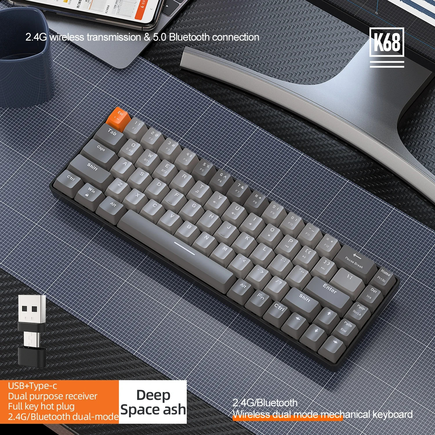 ZIYOU LANG K68 60% Mechanical Keyboard DIY Wireless And Bluetooth Hot-swappable