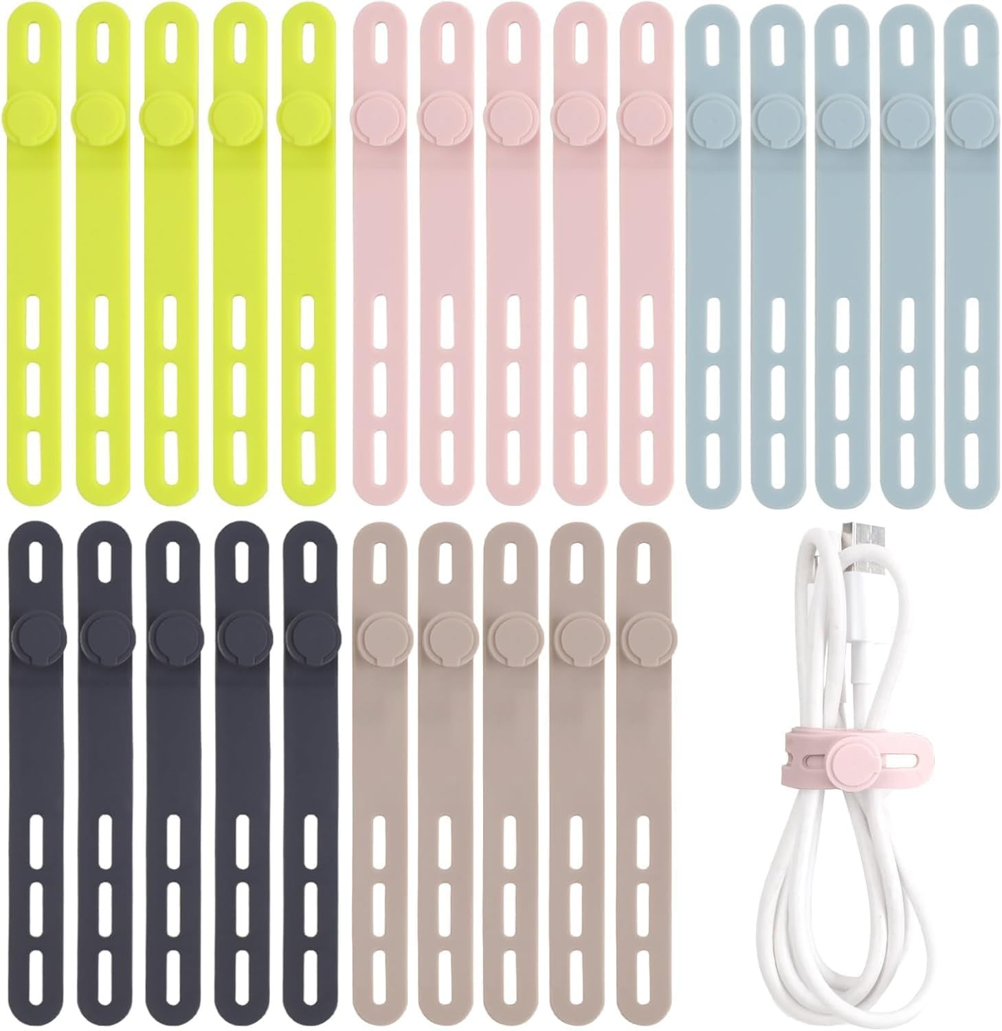 25 Pcs Silicone Cable Ties, Cable Ties Reusable, High Elasticity Cord
