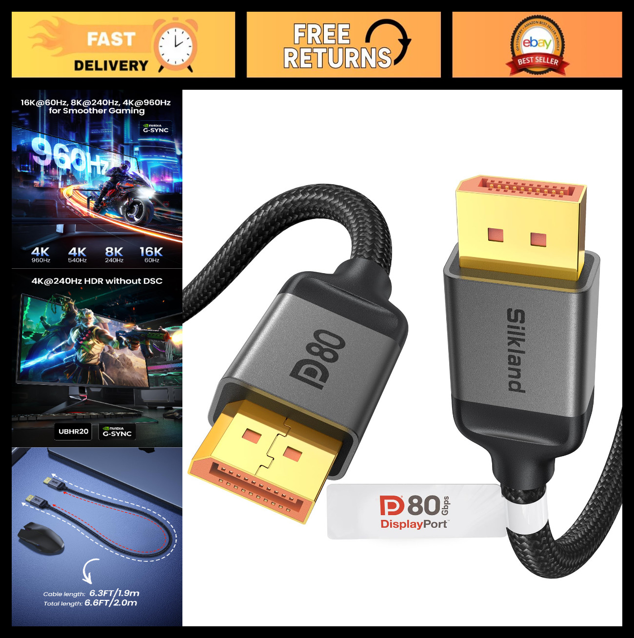High-Speed 80Gbps DisplayPort 2.1 Cable 6.6FT - 16K@60Hz, 8K@240Hz, HDR, Gaming