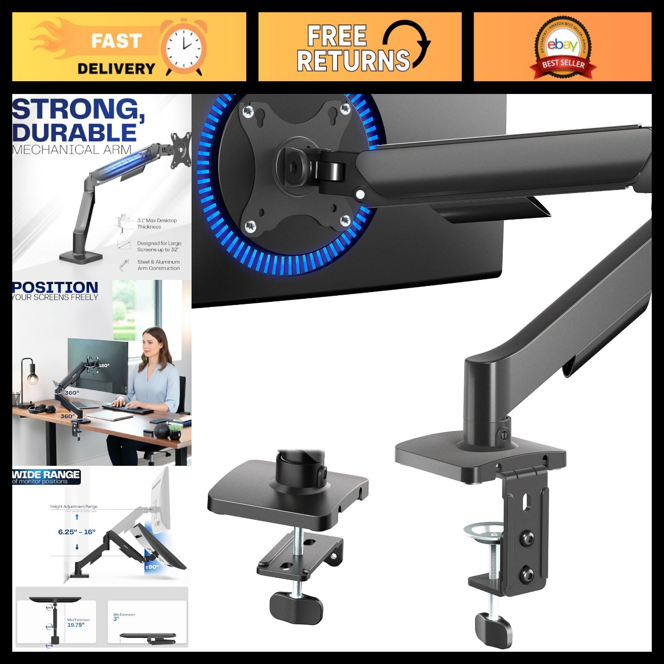 Fully Adjustable Single Monitor Stand for 17-32" Screens, VESA Mount, Desk Arm,