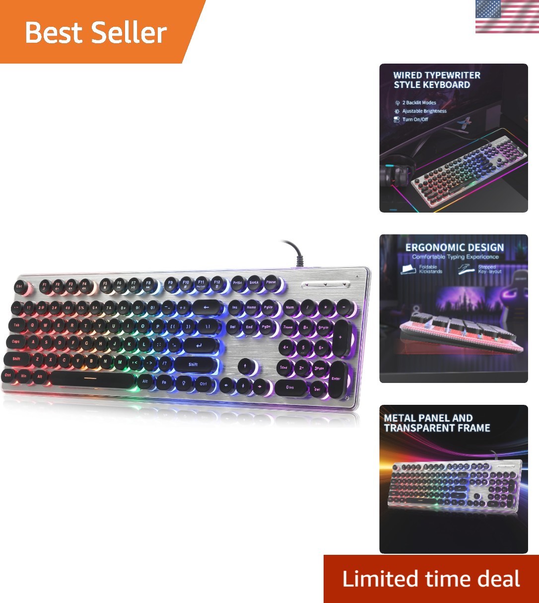 Chic USB Wired Retro Keyboard – 104 Keys with Round Caps & Water Resistance