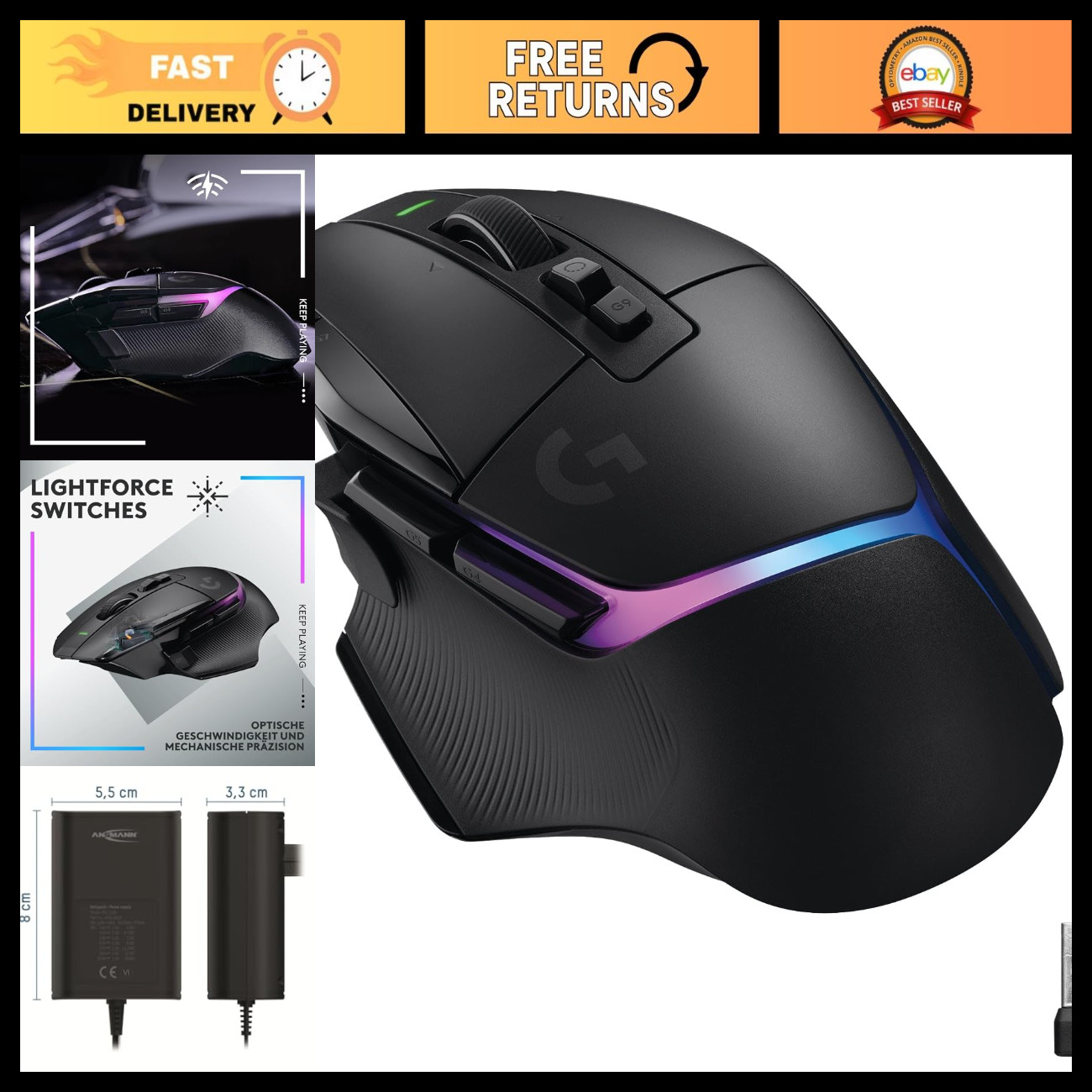 Wireless RGB Gaming Mouse - Optical LIGHTFORCE Hybrid, HERO 25K Sensor, PC/Mac C