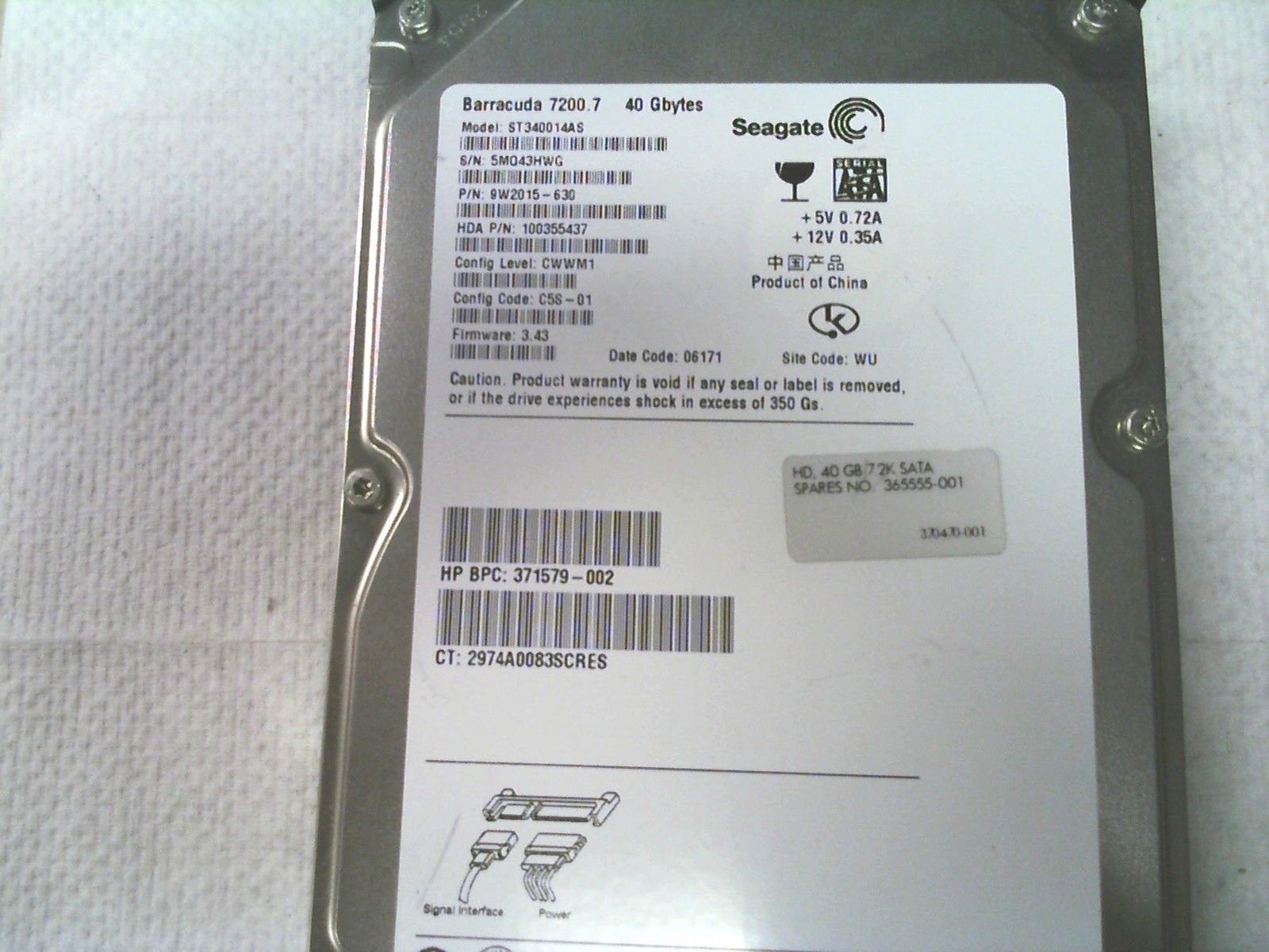 SEAGATE HP 40GB SATA HDD ST340014AS 9W2015-630 371579-002 365555-001 370470-001