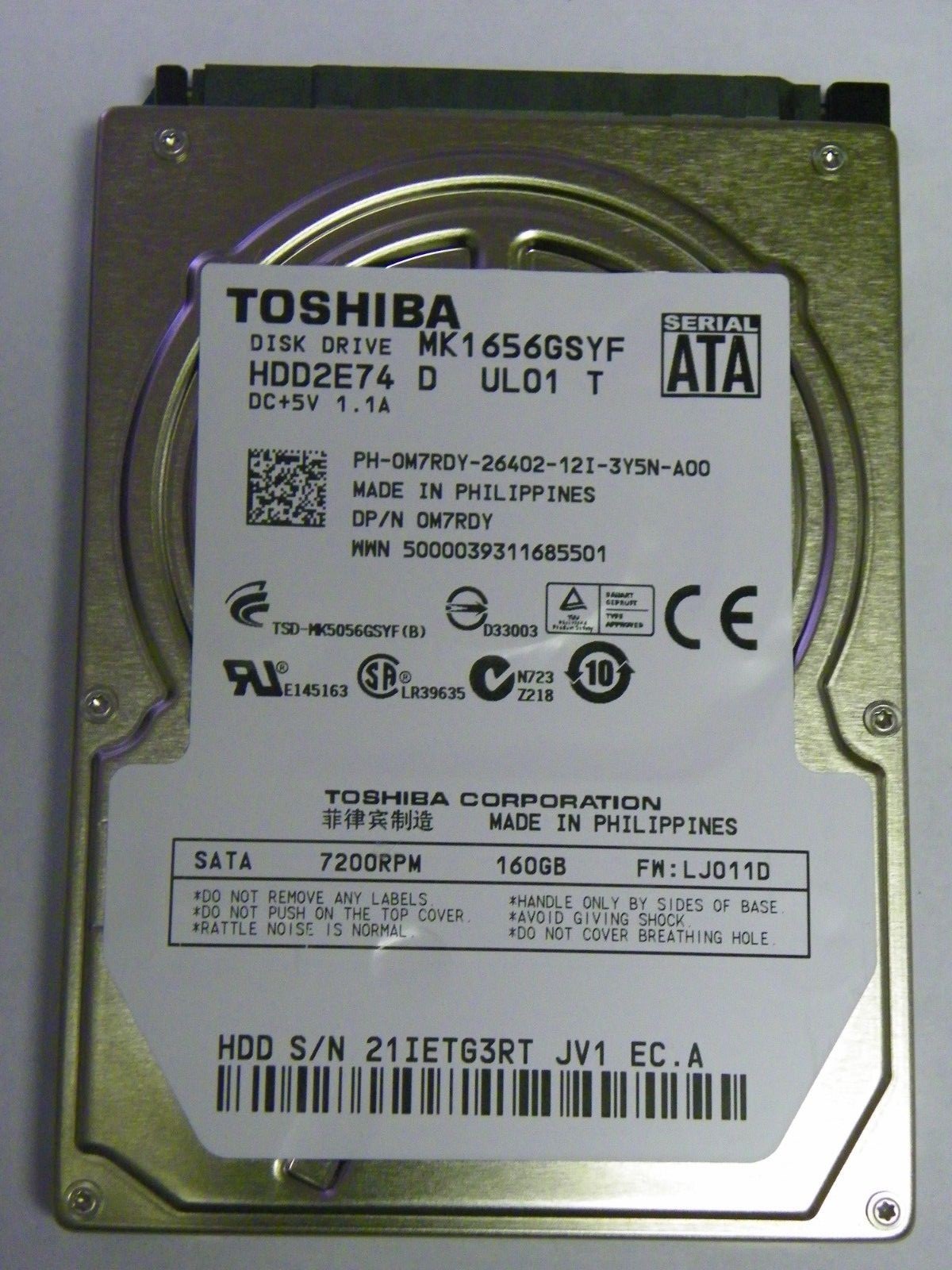 Toshiba MK1656GSYF (HDD2E74 D UL01 T) F/W LJ011D 160GB 2.5" SATA HDD 0M7RDY