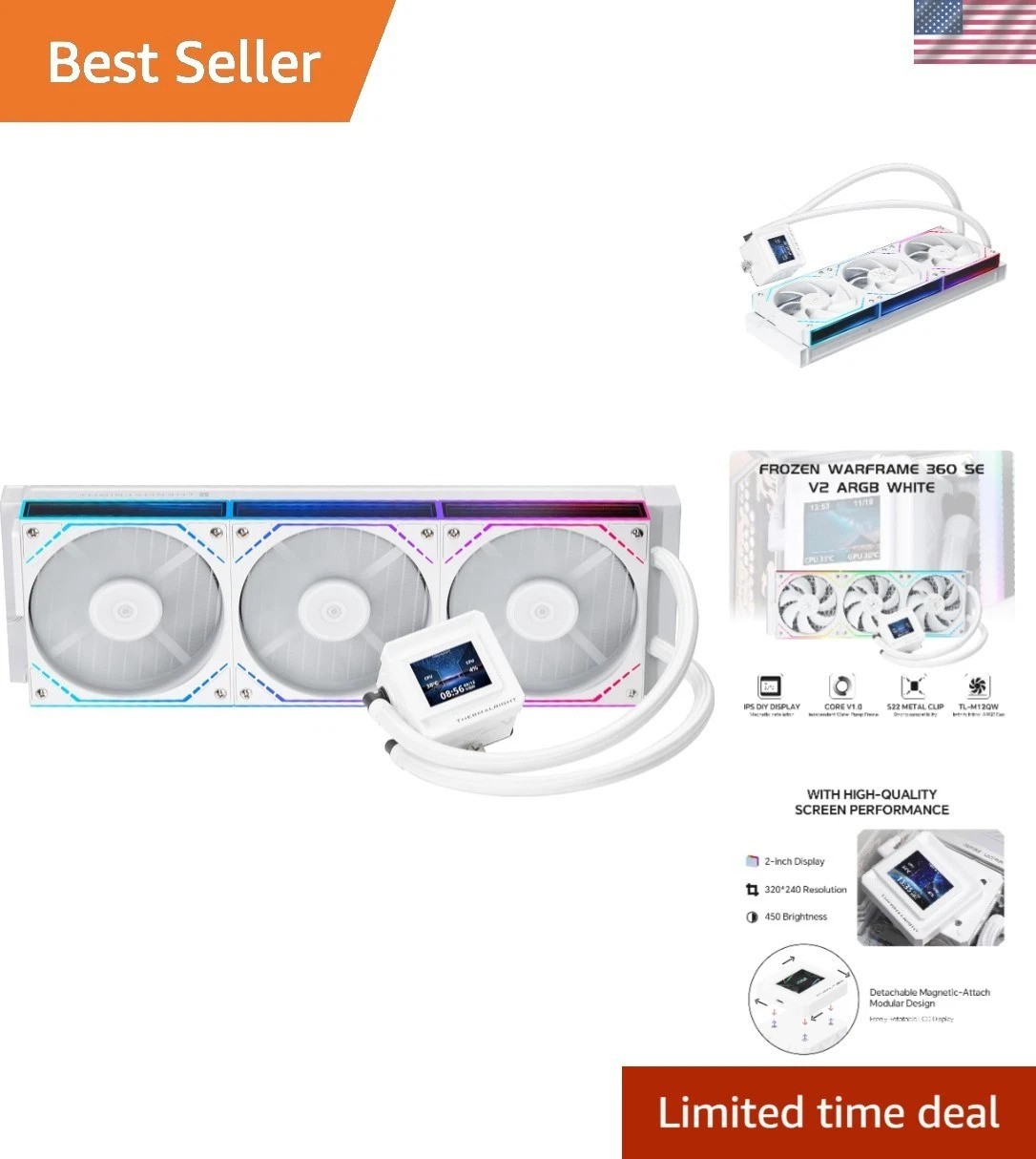 FW360 SE ARGB V2 360mm AIO Liquid CPU Cooler, 2" LCD Screen, 3 x TL-M12Q 120m...
