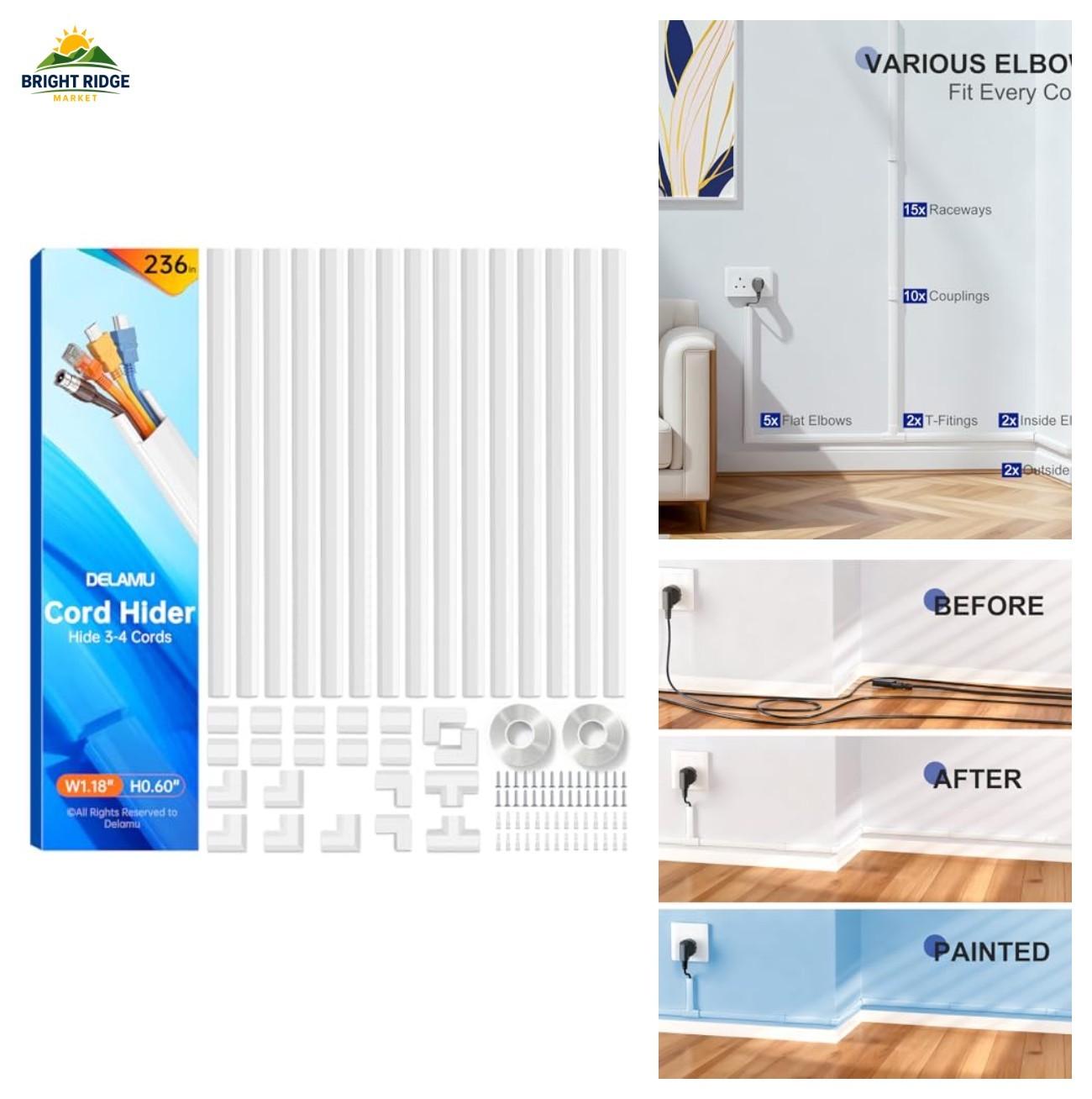 Cord Cover Cable Hider 236in White 3-4 Cables Self-Adhesive Easy Install