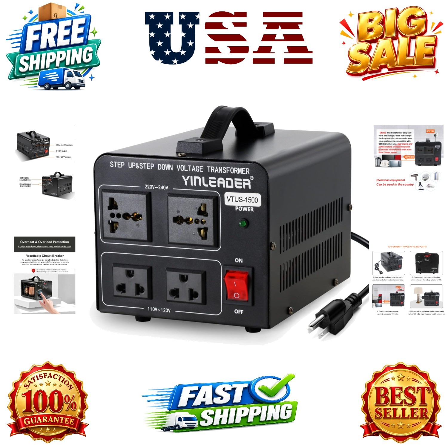 1500W 110V to 220V or 220V/230V/240V to 110V/120V Power Converter | Step Up/D...
