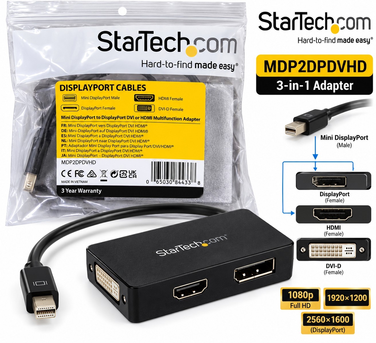 StarTech MDP2DPDVHD Mini DisplayPort to HDMI DVI DisplayPort 3-in-1 Adapter