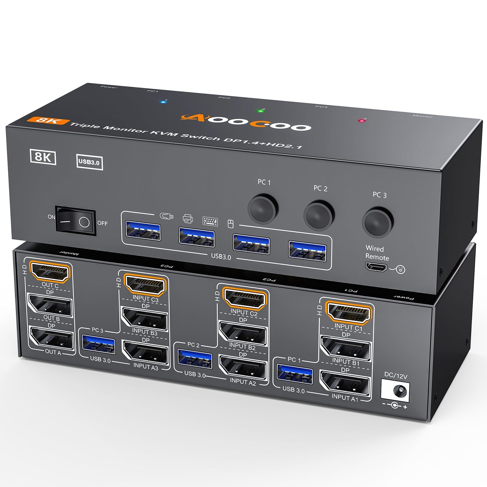 8K@60Hz HDMI Displayport KVM Switch 3 Monitors 3 Computers 4K@144Hz Triple Mo...