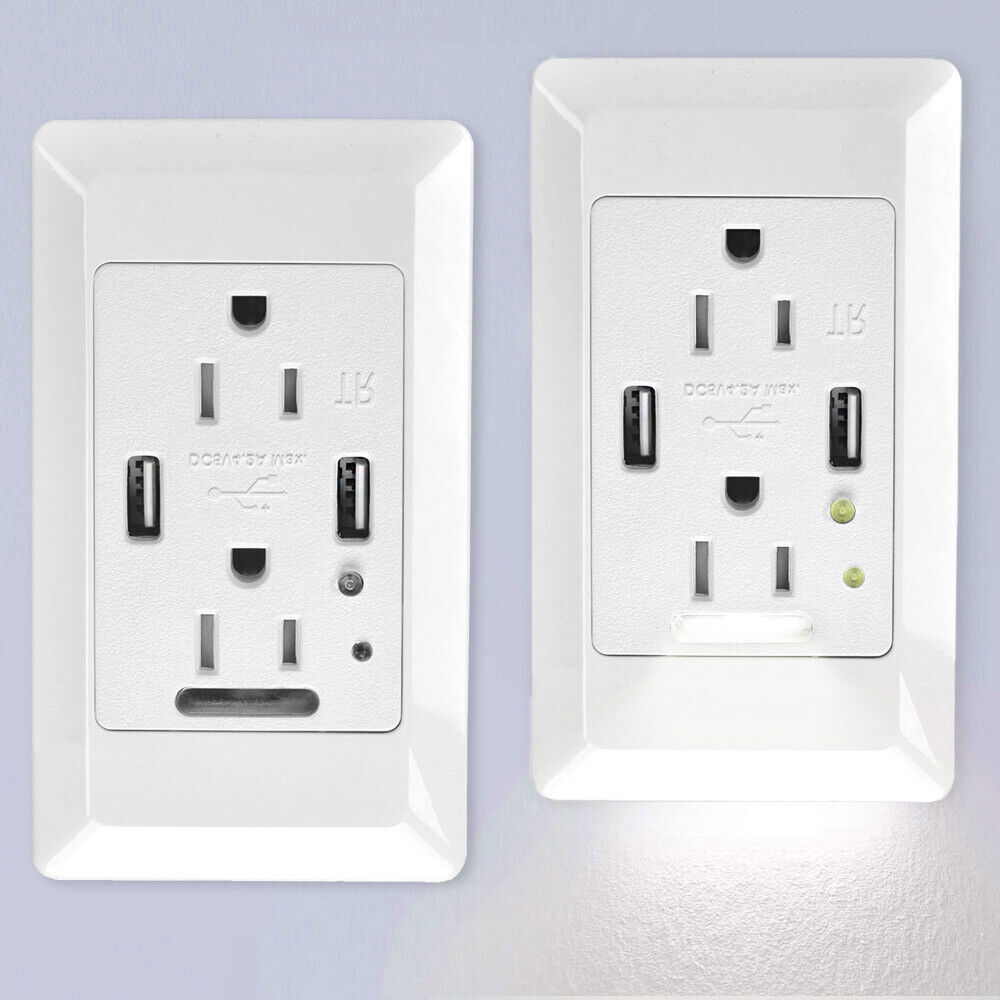 4.2A USB Charger Wall Outlet Receptacle Night Lights Automatic On/Off Sensor 2PK