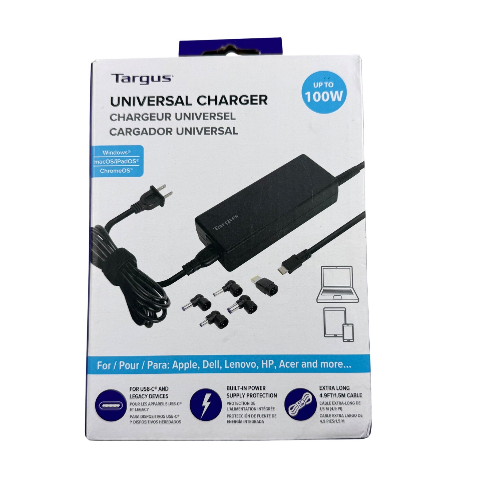 Targus Universal Charger Laptop 100W APA107 USB-C & Legacy Tips Black Open Box
