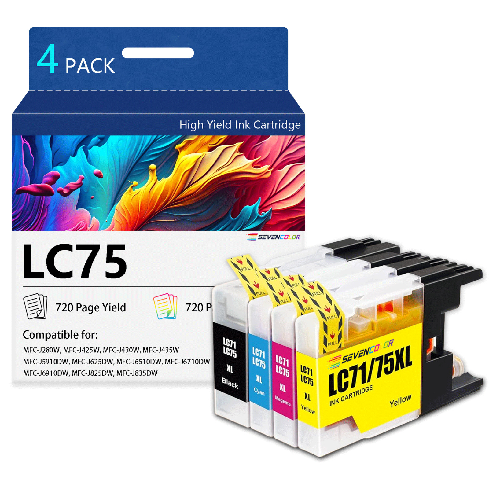 LC75 High Yield Ink Cartridge(4Pack-BK/C/M/Y) - Replacement for Brother LC71 Ink