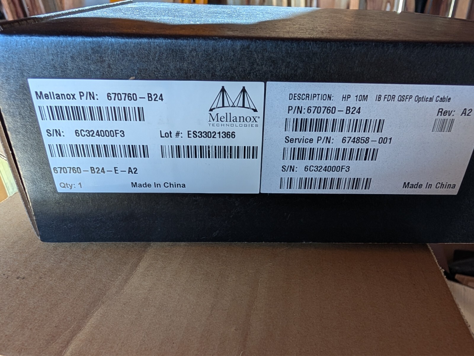 HP Mellanox 670760-B24 10M 30FT FDR QSFP Fiber Cable