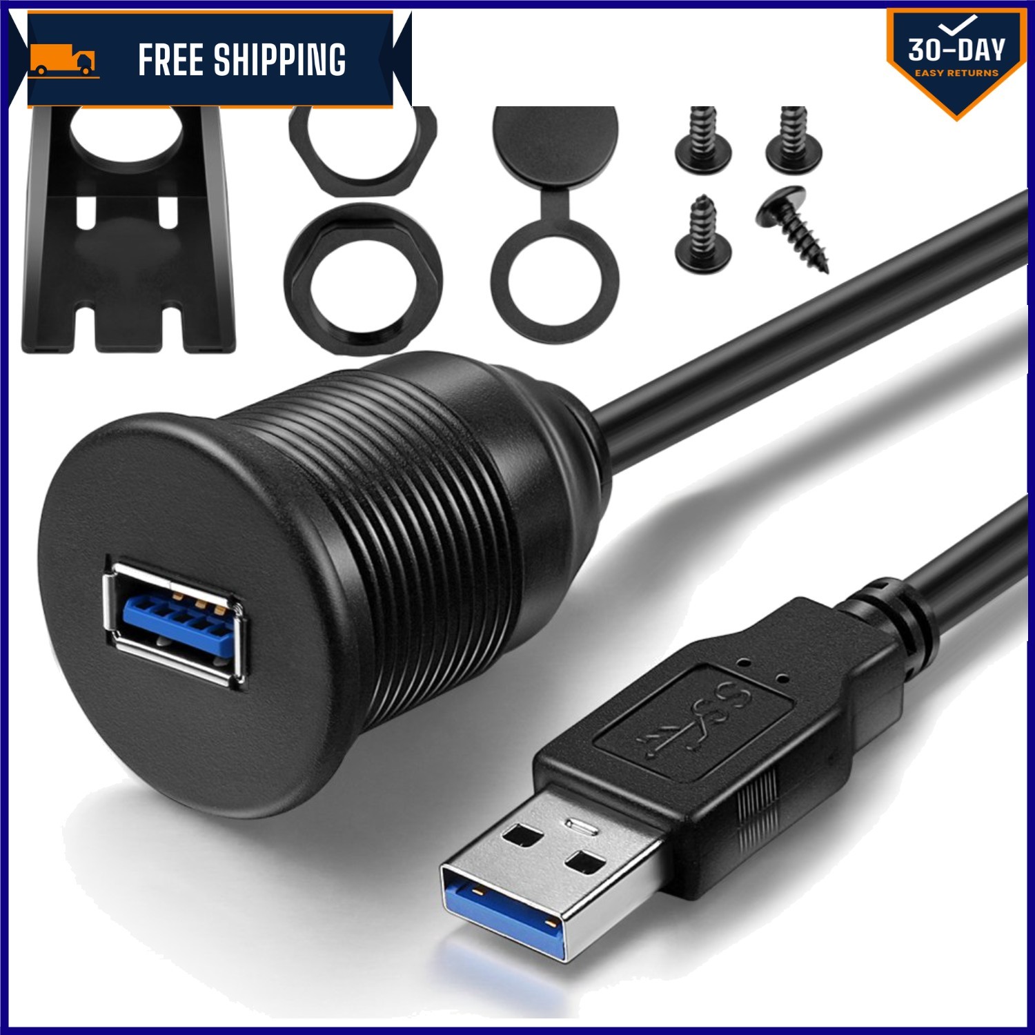 Durable USB 3.0 AUX Flush Mount Cable - 3 Feet, Complete Installation Kit