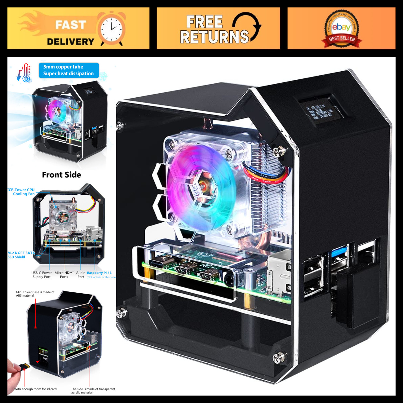 Mini Tower NAS Kit for Raspberry Pi 4, PWM RGB Fan, M.2 SSD Expansion, GPIO 1-2