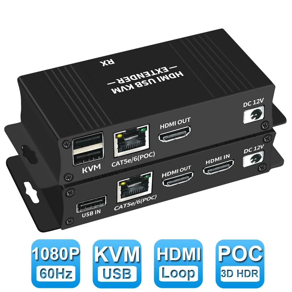 60M HDMI KVM Extender over Ethernet Cat5e/6 KVM USB POC Cable HDMI Loop Extender