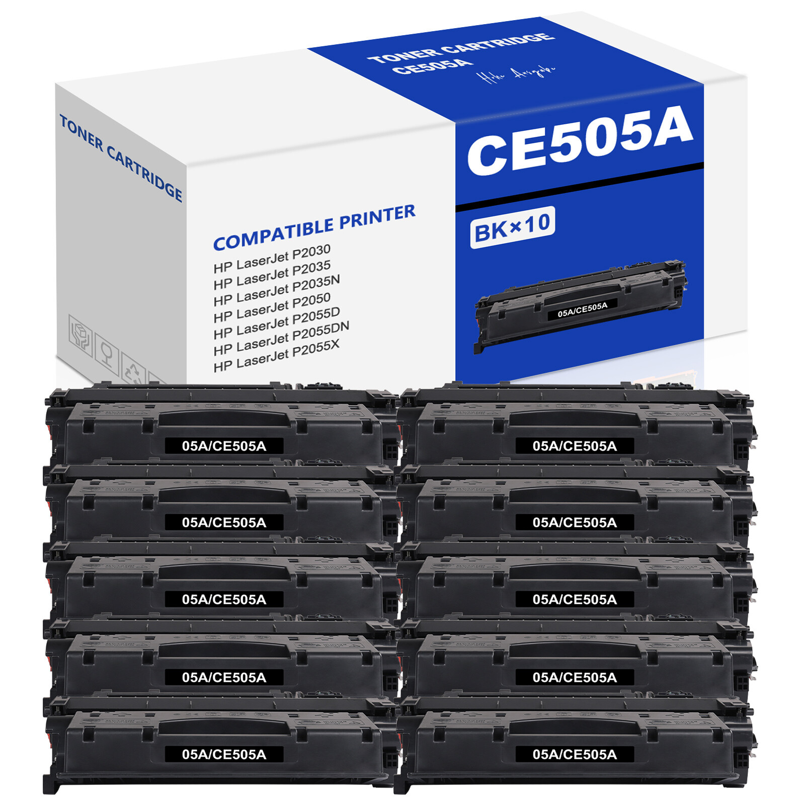 10 Pack CE505A 05A Toner Cartridge Fits for HP LaserJet P2030 P2035 P2050 P2055x