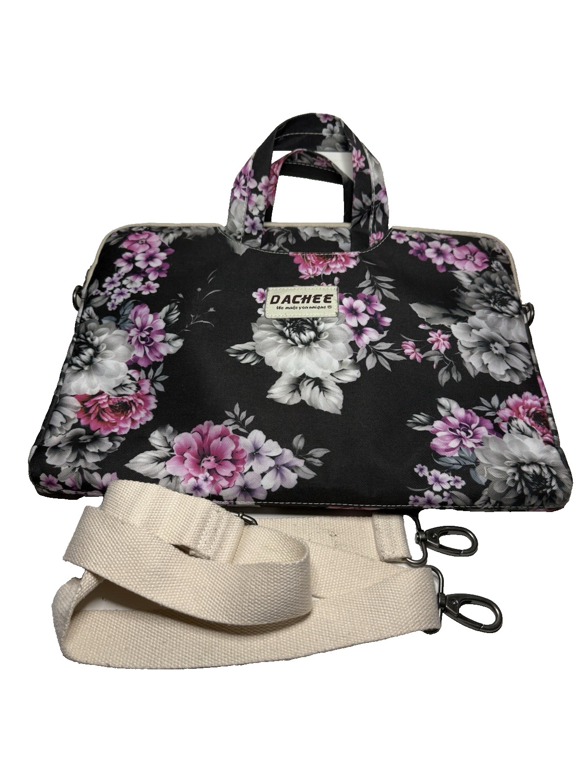 DACHEE Laptop Computer Messenger Bag Water-Resistant Floral Black Peony 15.6 in