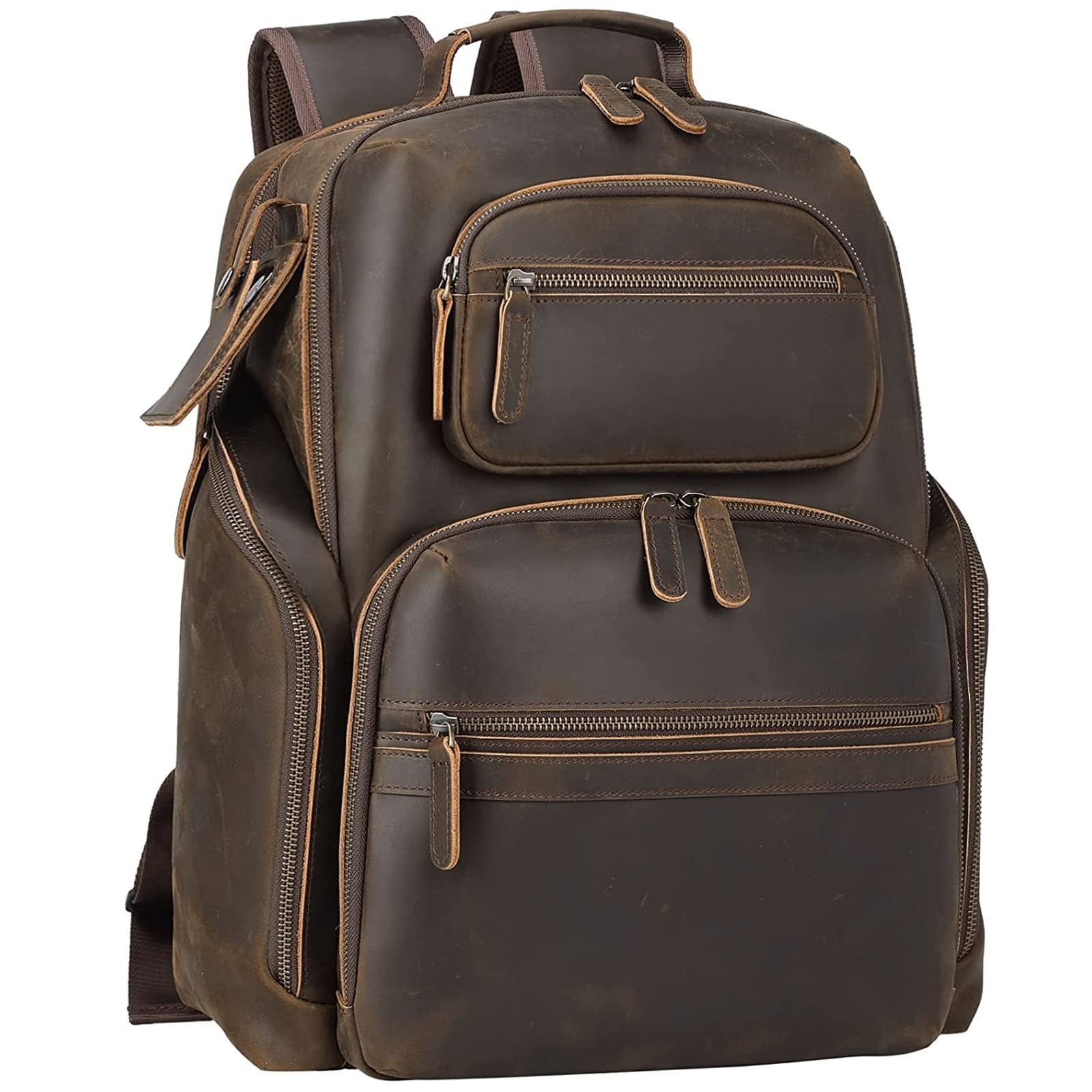 TIDING Men's Vintage Leather 15.6" Laptop Backpack Multi-Pocket Travel Rucksack