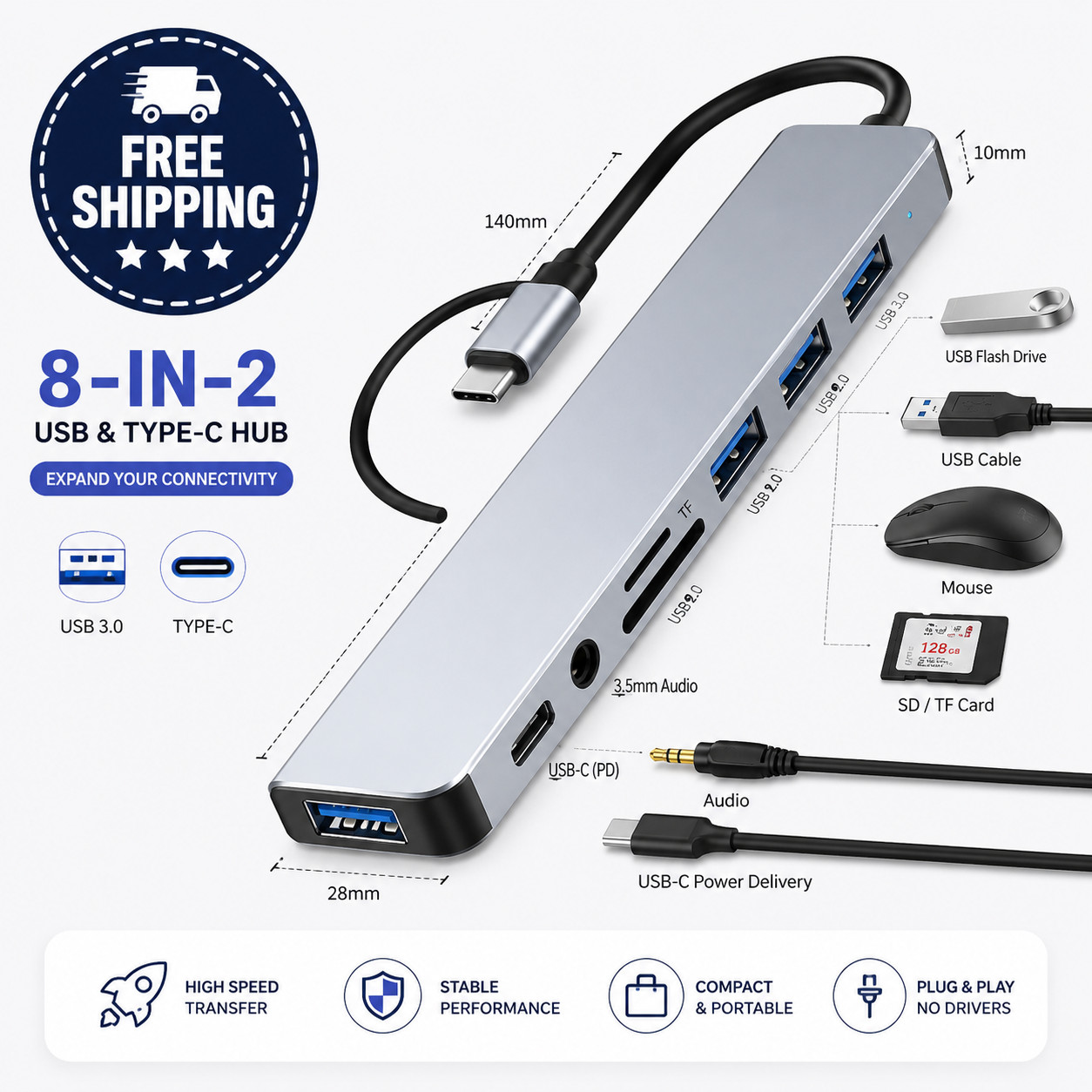 USB C Hub 8in2 USB 3.0 SD TF Card Reader Audio Jack Adapter Splitter