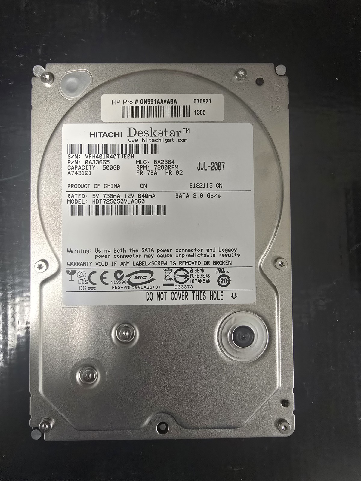 Hitachi Deskstar HDT725050VLA360 500GB SATA 3.5" Hard Drive HDD Tested