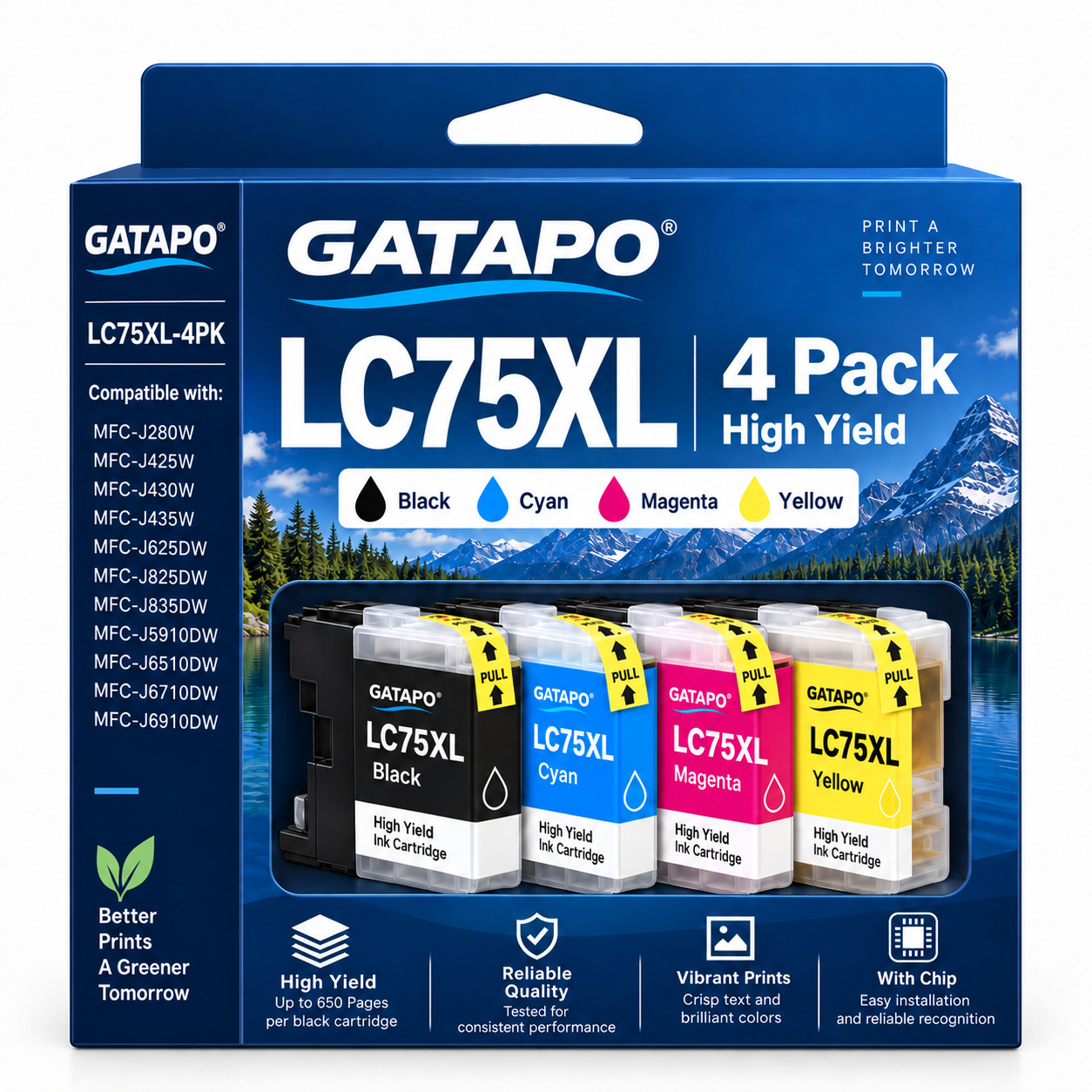 LC75XL High Yield Ink Cartridge(4PK B/C/M/Y) - Replacement for Brother LC71 Ink