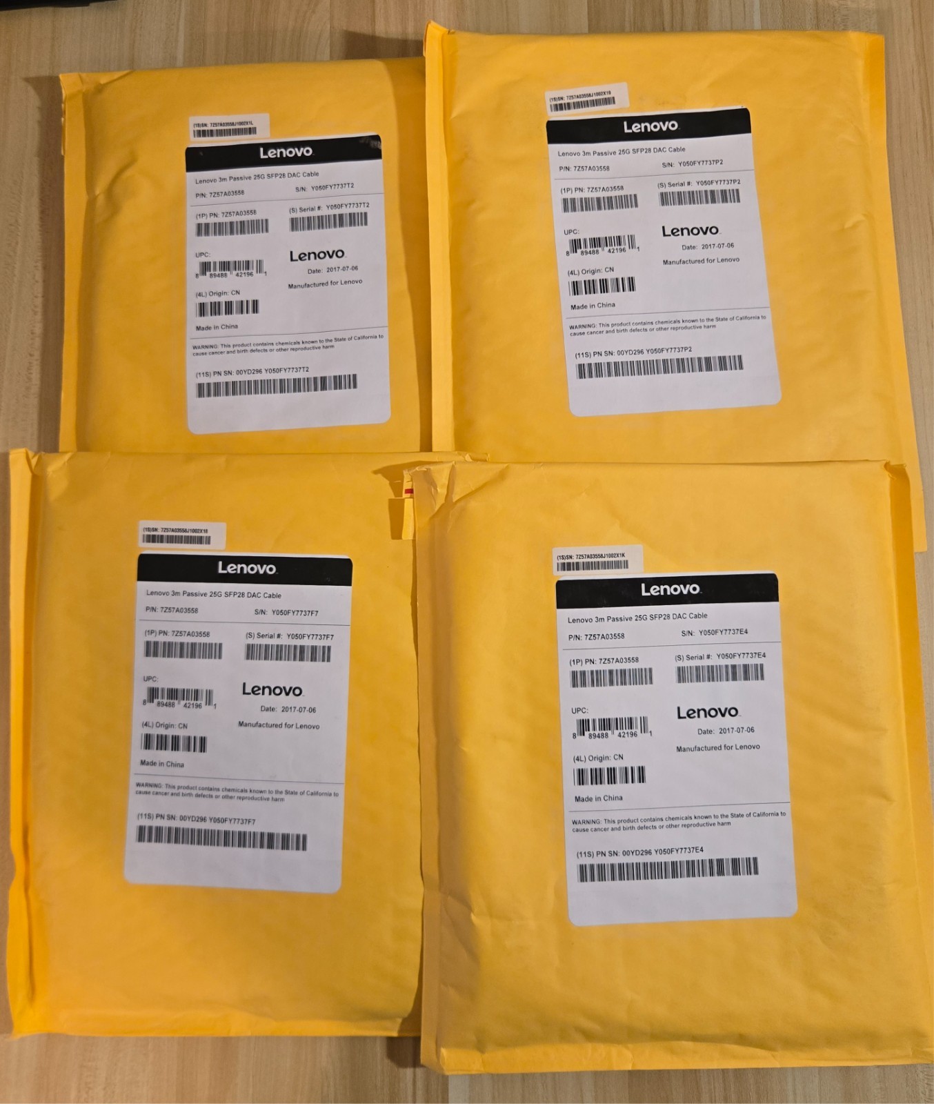 Lot of 4 New Lenovo 25G SFP28 3m Passive DAC Cable 7Z57A03558 00YD296 Sealed