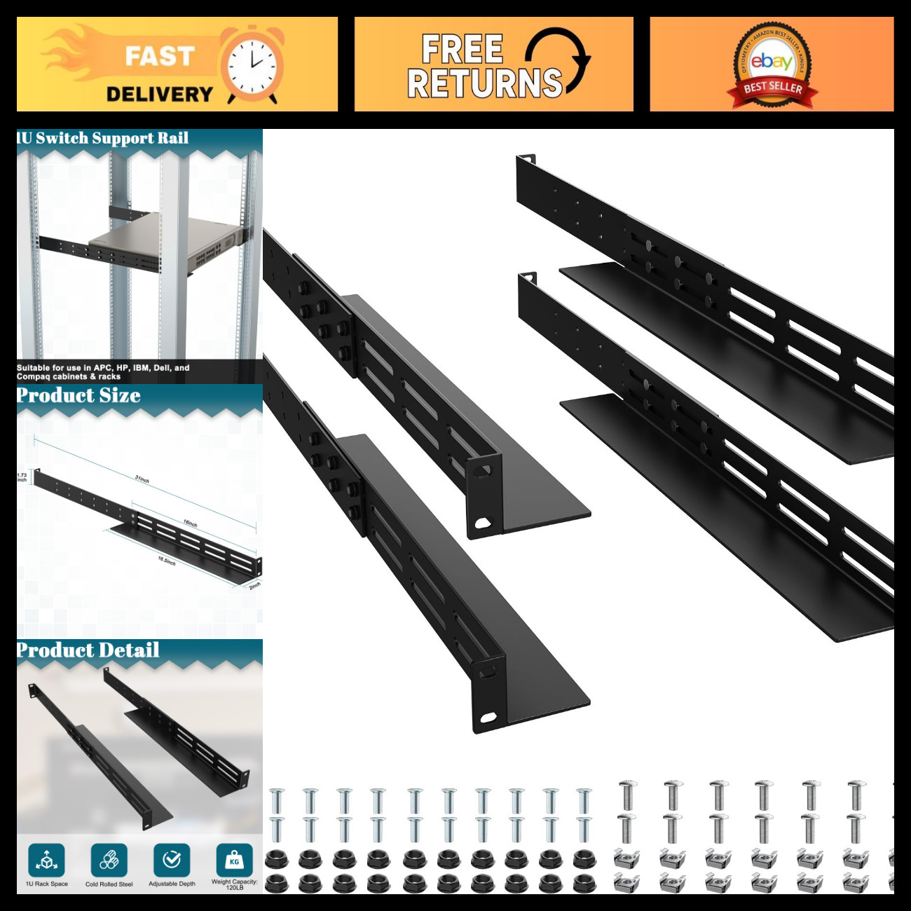 2 Pack Universal Rack Mount Rails 1U, Adjustable Depth 16"-31", Heavy Duty Suppo