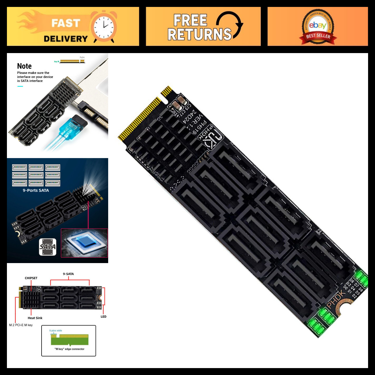 M.2 NVMe to 9-Port SATA 3.0 Adapter Card - 6Gbps Hard Drive Extension for NAS