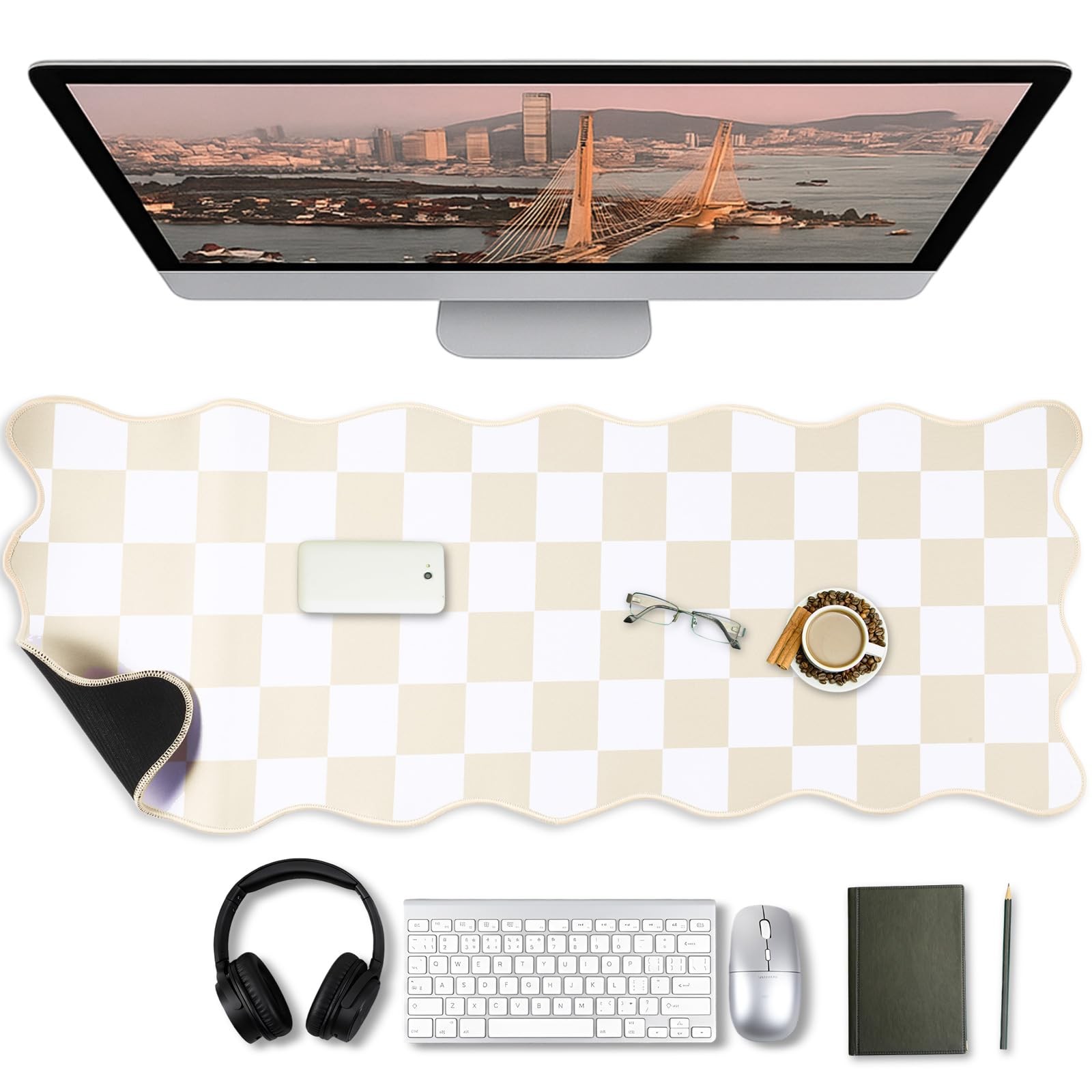 1 Pcs Beige Scalloped Checkered Desk Mat 31.5 x 11.8 Inch Large Cute Pad Comp...