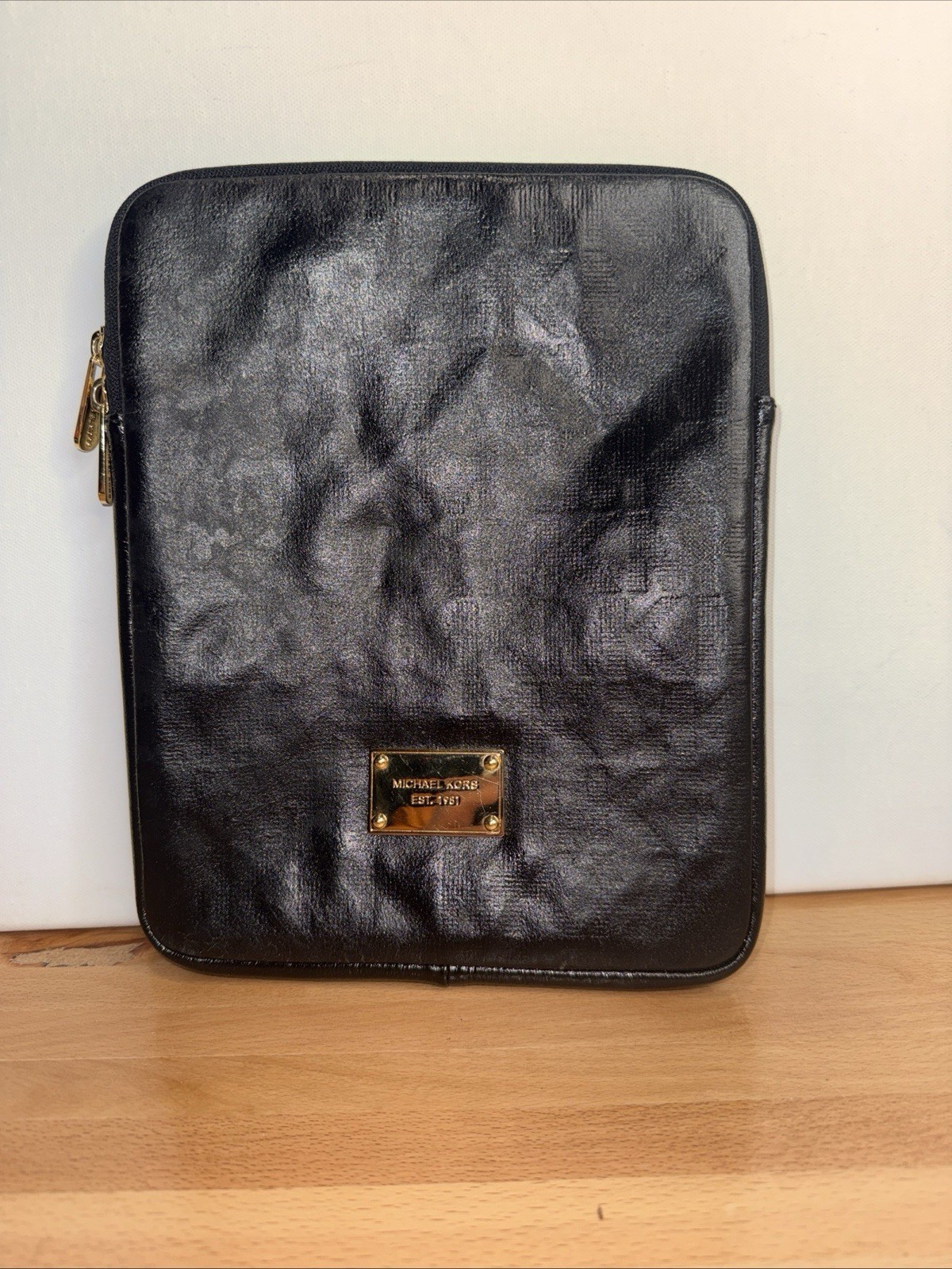 Michael Kors Black Patent Leather Tablet Case Sleeve 10x8 Embossed MK Logo Gold