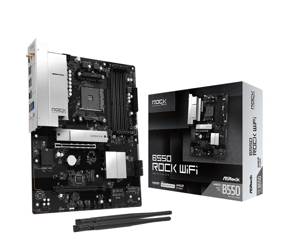 B550 Rock WiFi Motherboard, AM4 Socket for Ryzen 3000-5000 CPUs, DDR4 4733+ PCIe