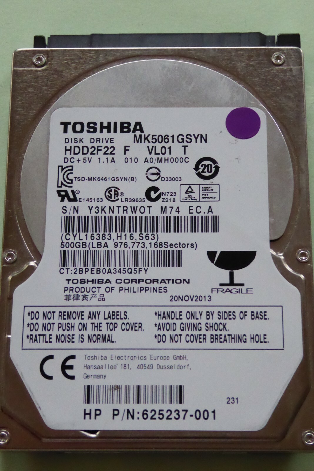 MK5061GSYN HDD2F22 F VL01 T A0/MH000C 20 NOV 2013 Toshiba 500GB