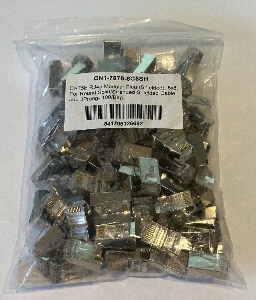 100 Pack of CAT5E Shielded RJ45 Connectors- OD Under 6.5mm 8 Pins