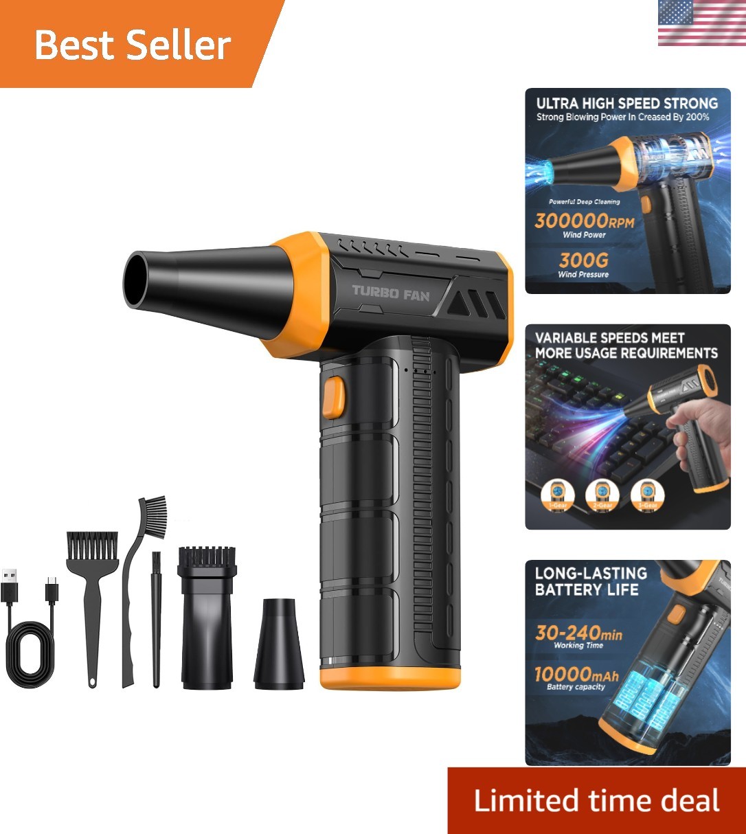 Electric Air Duster Cordless 300000RPM Brushless Motor 3-Gear Reusable