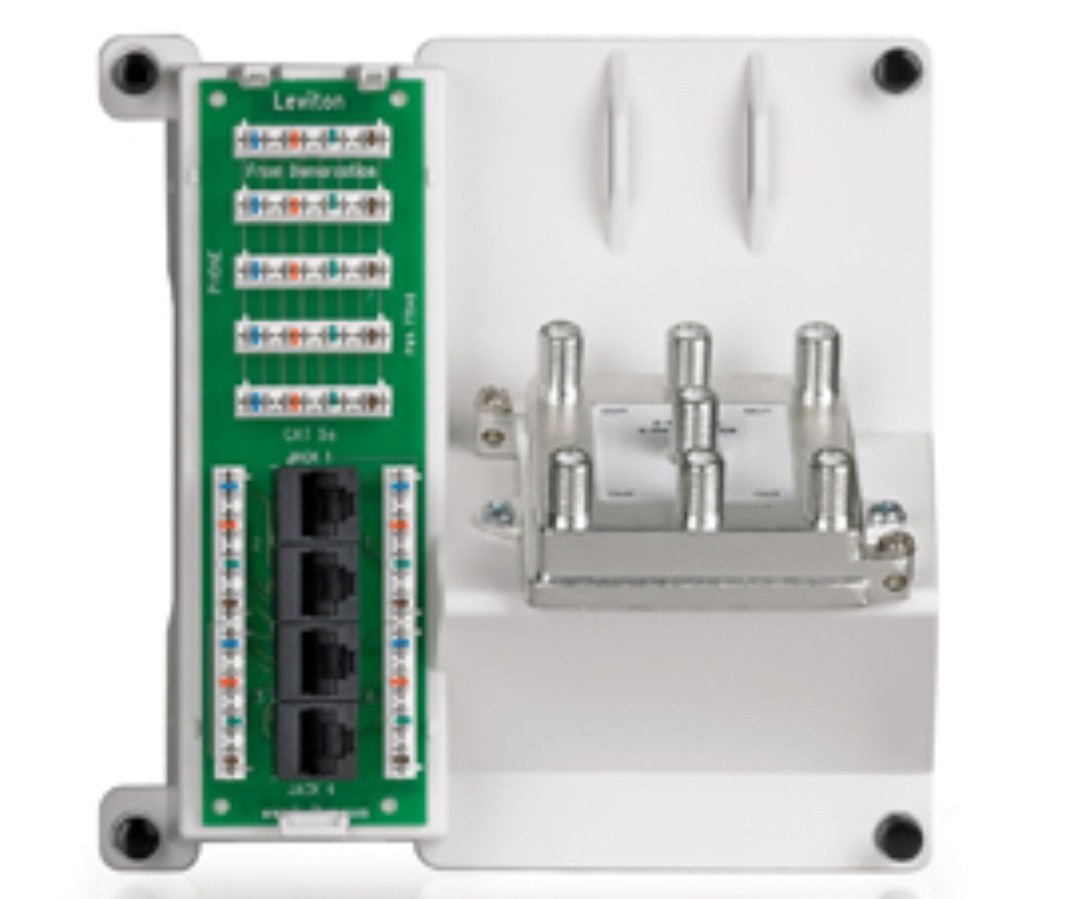 NEW. Leviton 47603-DP6  Compact 1x4 Bridged Telephone, 4 Data & 6-Way TV Panel