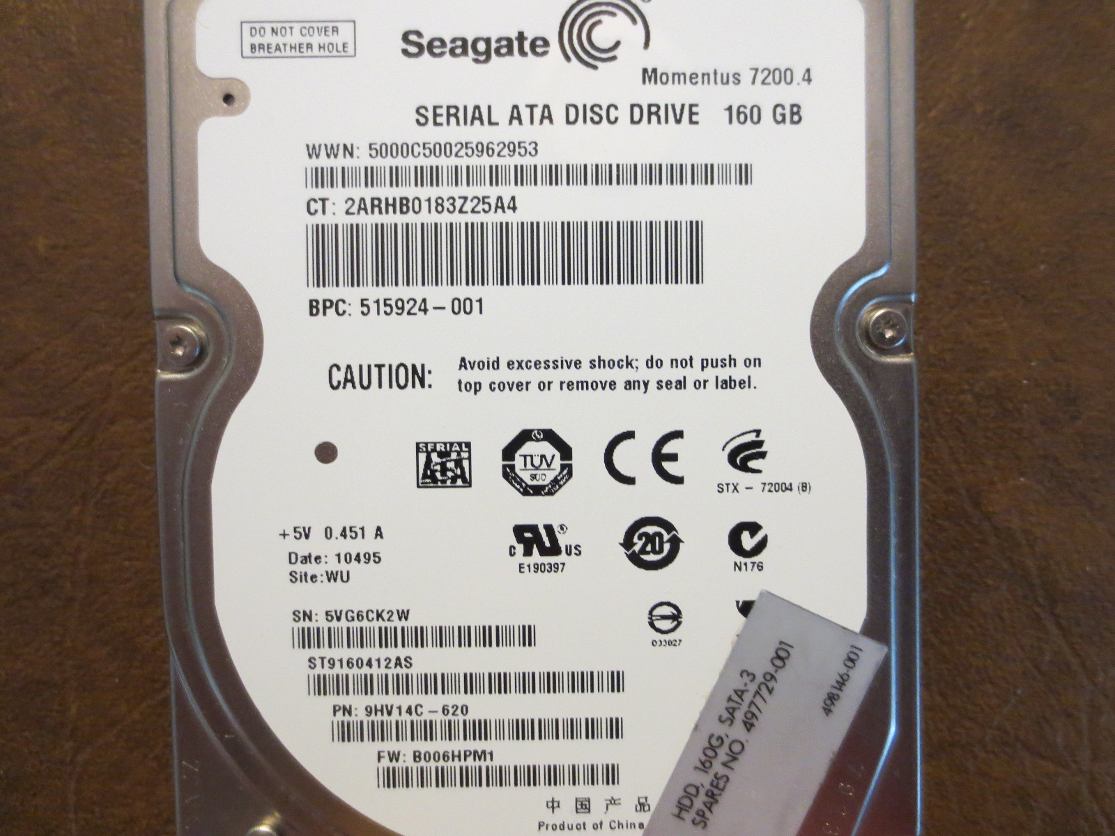 Seagate ST9160412AS 9HV14C-620 FW:B006HPM1 WU 160gb 2.5" Sata Hard drive