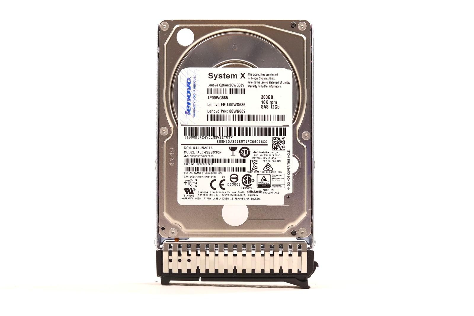 IBM AL14SEB030N 300GB 2.5" 12Gb/s 10K RPM SAS HDD W/Caddy FRU P/N:00WG686 Tested