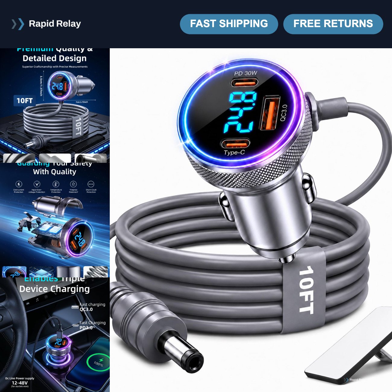 4-in-1 Mini Car Adapter & 10FT Power Cable for Starlink - Versatile Charging Sol