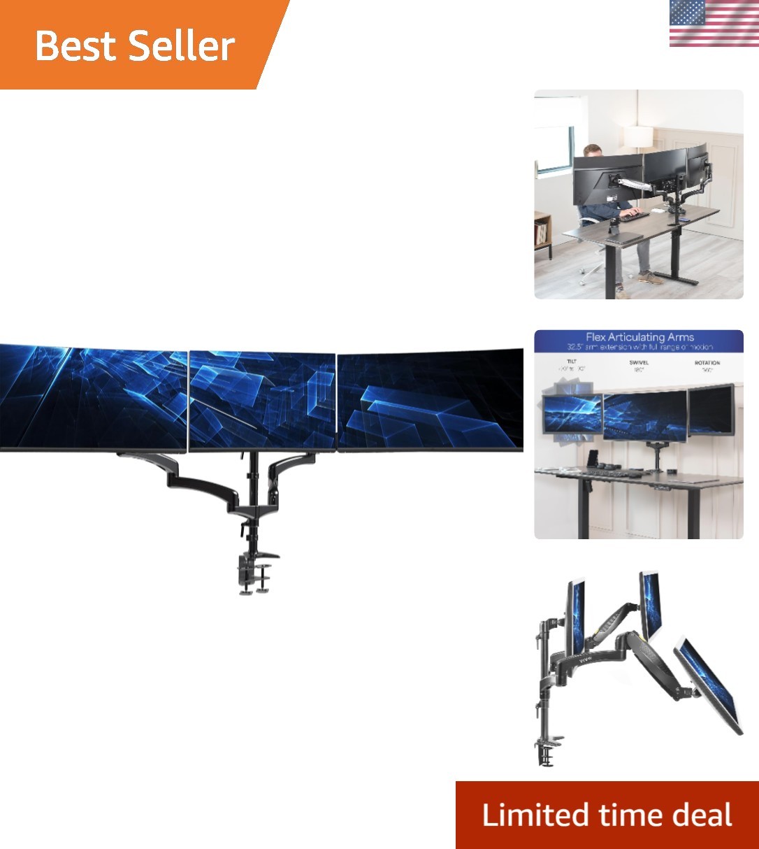 Triple Pneumatic Monitor Mount for 3 Screens up to 32 inches, Fully Adjustabl...