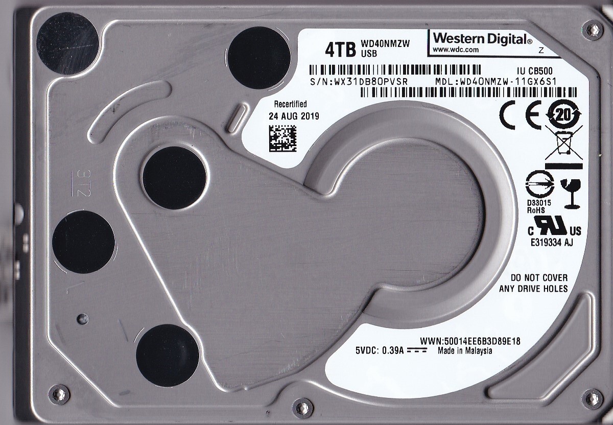 WD40NMZW-11GX6S1 s/n: WX31DB WESTERN DIGITAL AUG/ 2019 Malaysia 4TB 2.5" USB 3.0