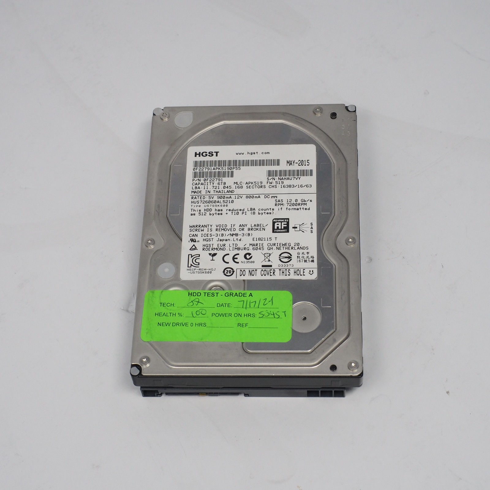 HGST Ultrastar 7K6000 6TB 3.5" SAS 12Gb/s HDD HUS726060AL5210 0F22791 For Parts