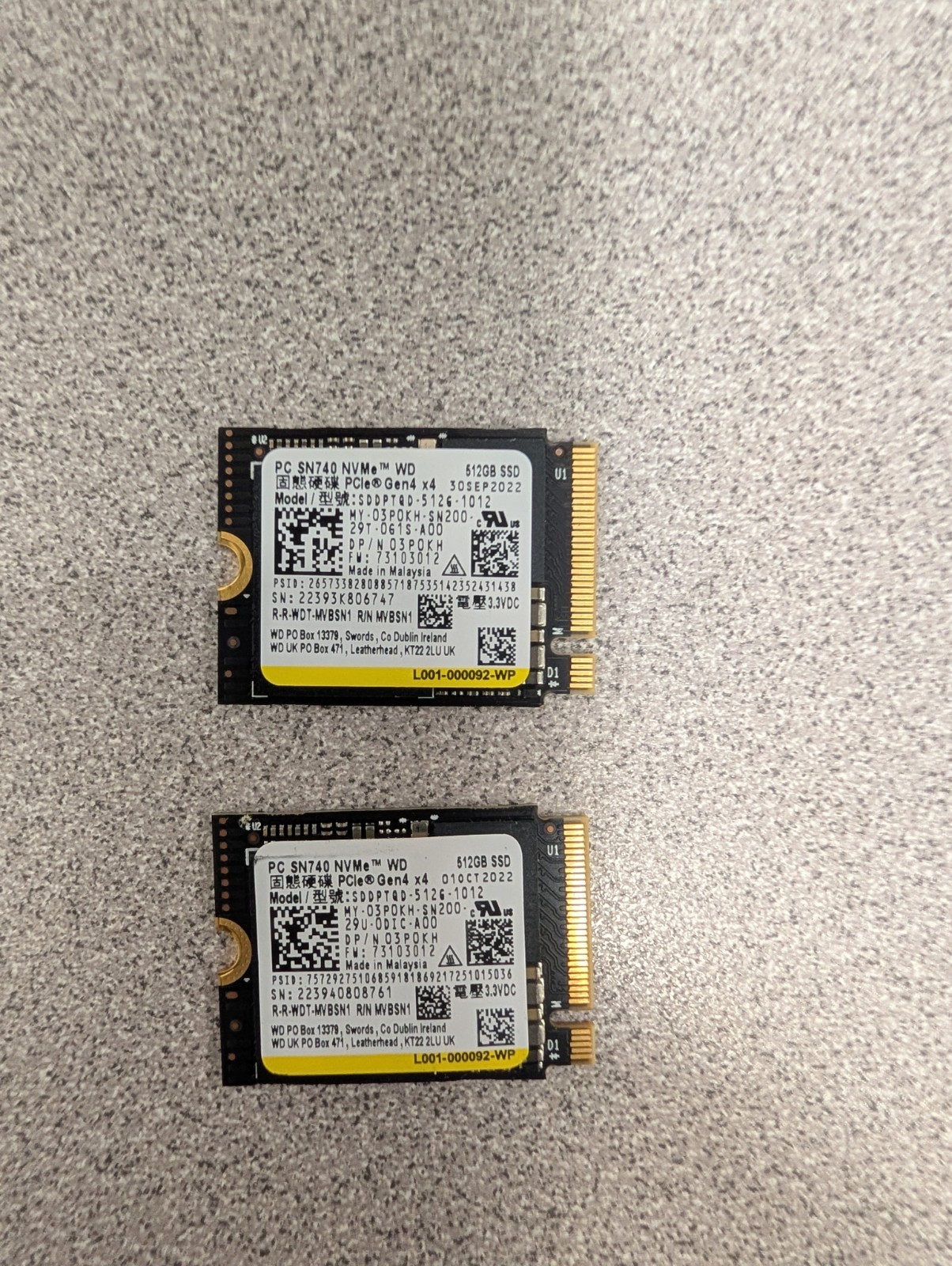 * Lot Of 2 * WD PC SN740 512GB M.2 2230 SSD NVMe PCIe4x4